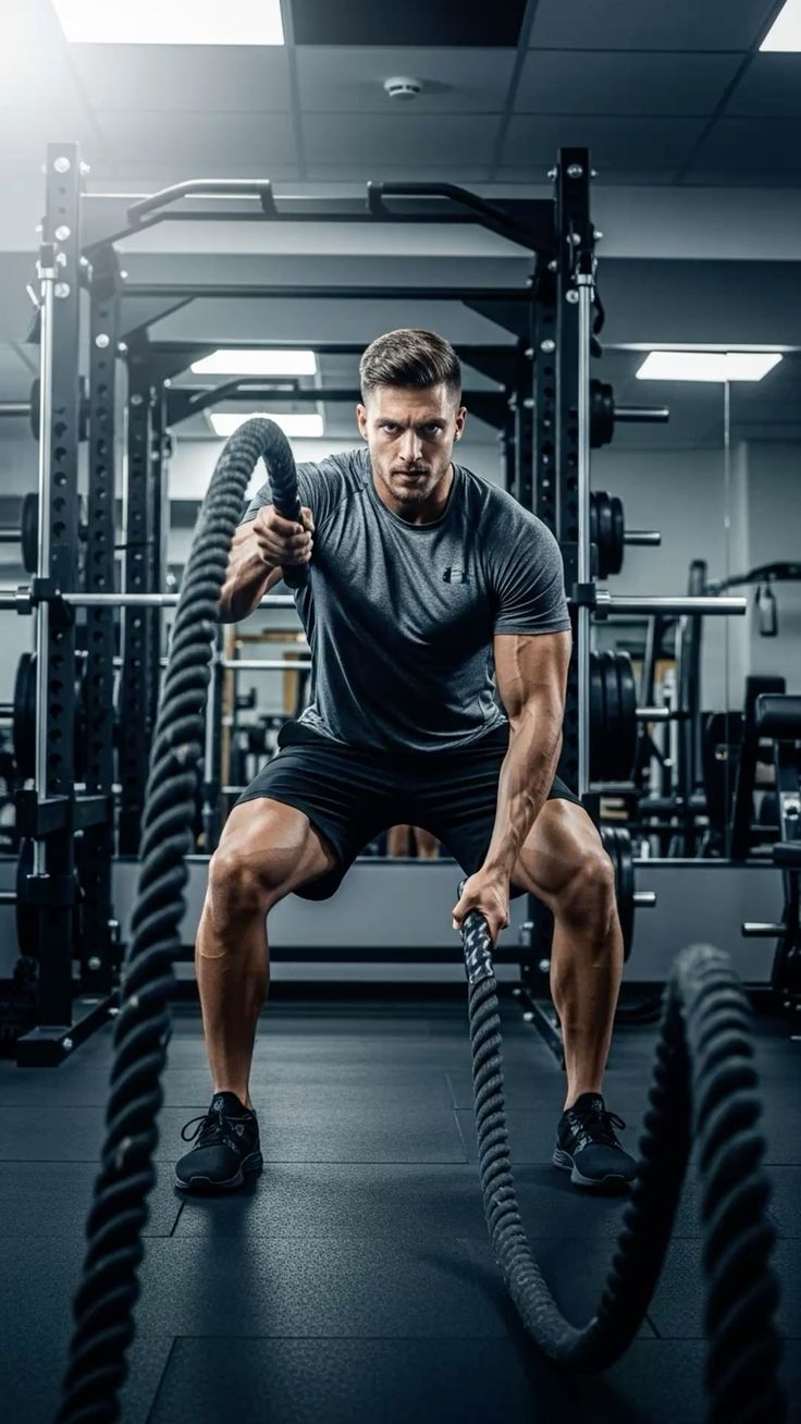 Revolve Fitness Gym member training with battle ropes